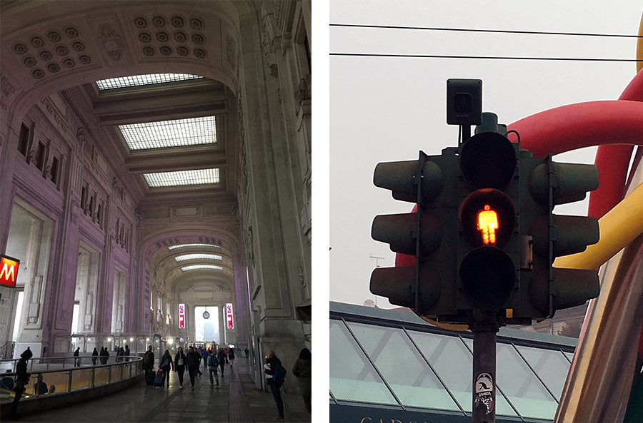 Links: der Bahnhof Milano Centrale, oha! Rechts: In Mailand gibt es orange Ampelmännchen, was die Mädels begeistert. Ich muss ein Beweis-Foto schießen und werde aufgefordert, darüber im Blog zu berichten. Nun gut!