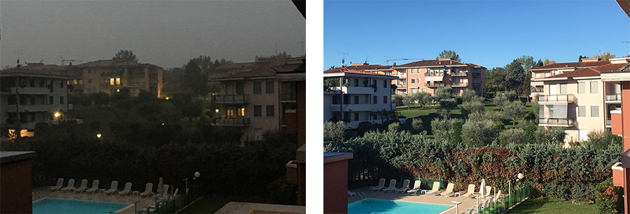Blick von unserem Balkon. Links: abends bei Unwetter, rechts: morgens bei Sonnenschein.