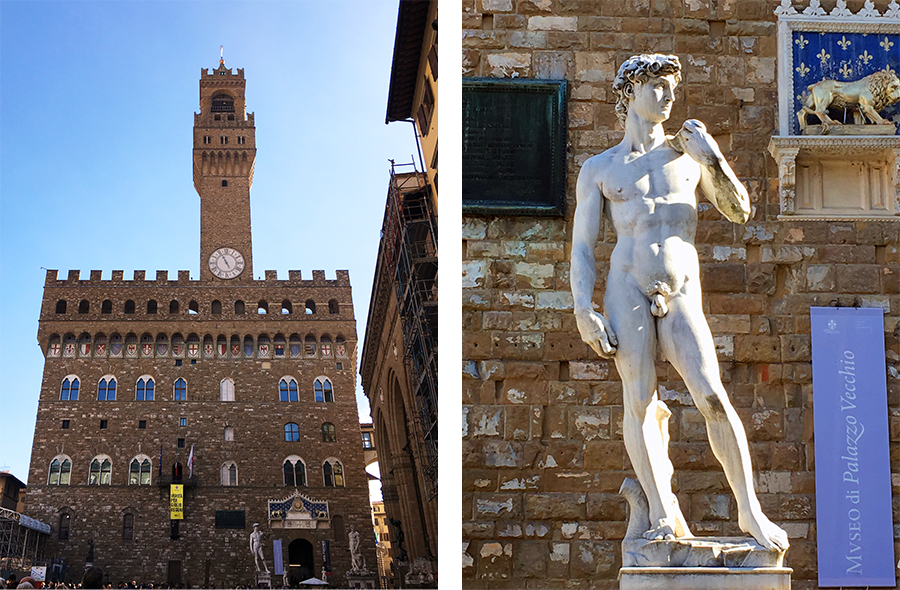 Links: Der 'Palazzo Vecchio', lange Zeit Wohnsitz der Medici. Rechts: Der 'David' von Michelangelo - allerdings nur eine Replik.