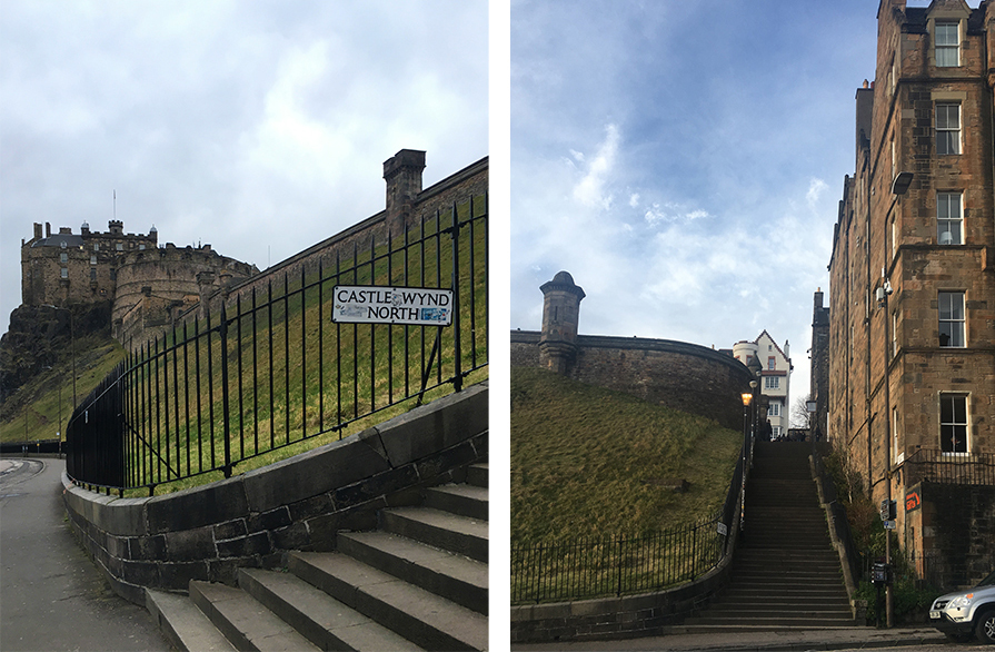 Links: Gegenüber vom Eingang des Castle Rock Hostels da direkt schon das Edinburgh Castle. Volltreffer! Rechts: Nur diese Treppe gegenüber des Hostels hinauf, schon steht man auf dem Burgvorplatz.