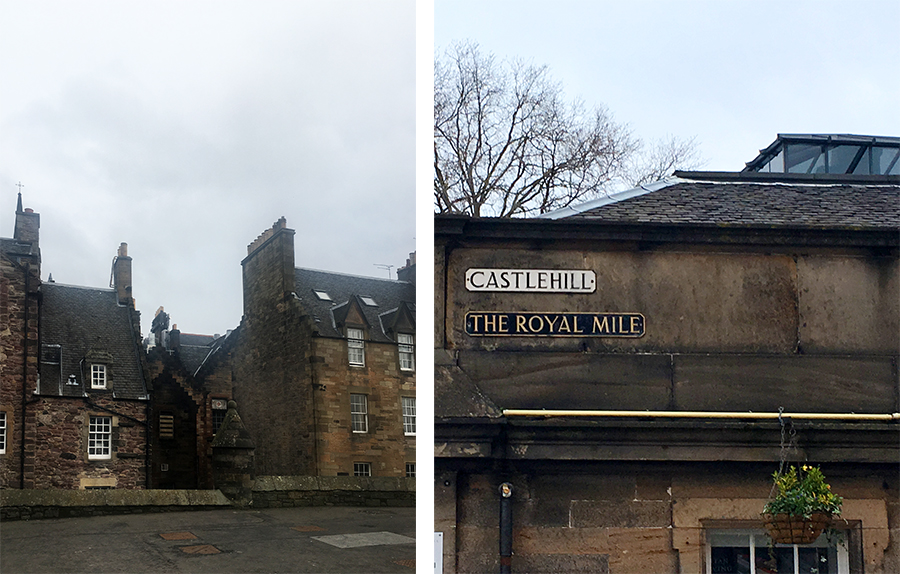 Links: Typische schottische Häuser am Ende des Burgvorplatzes. Rechts: Auf der berühmten 'Royal Mile'!