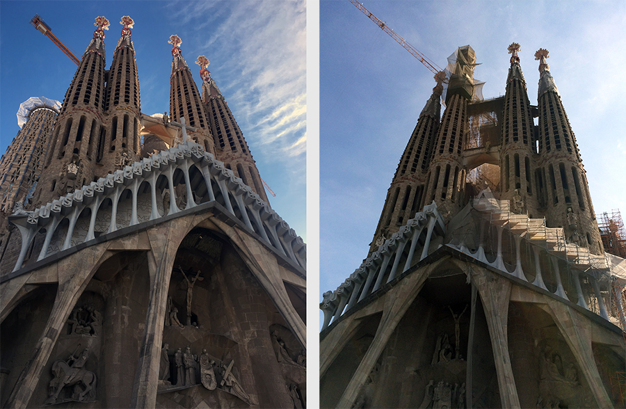 Links die Sagrada Família 2019, rechts noch vier Jahre zuvor in 2015.