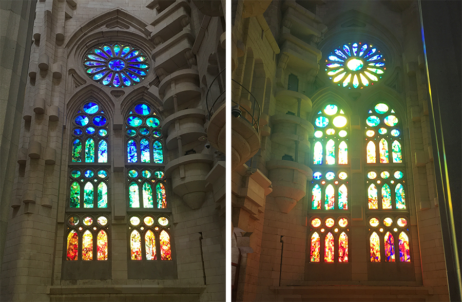 Die Buntglasfenster sind so angelegt, dass die Sonne aus jeder Himmelsrichtung das Optimum an Farben und Licht in die Kirche hineinlässt.