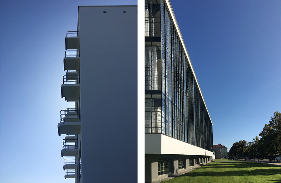 Links die Balkone des Studentenwohnheims "im Profil", rechts die berühmte 'hängende Glasfassade' auf der anderen Seite.