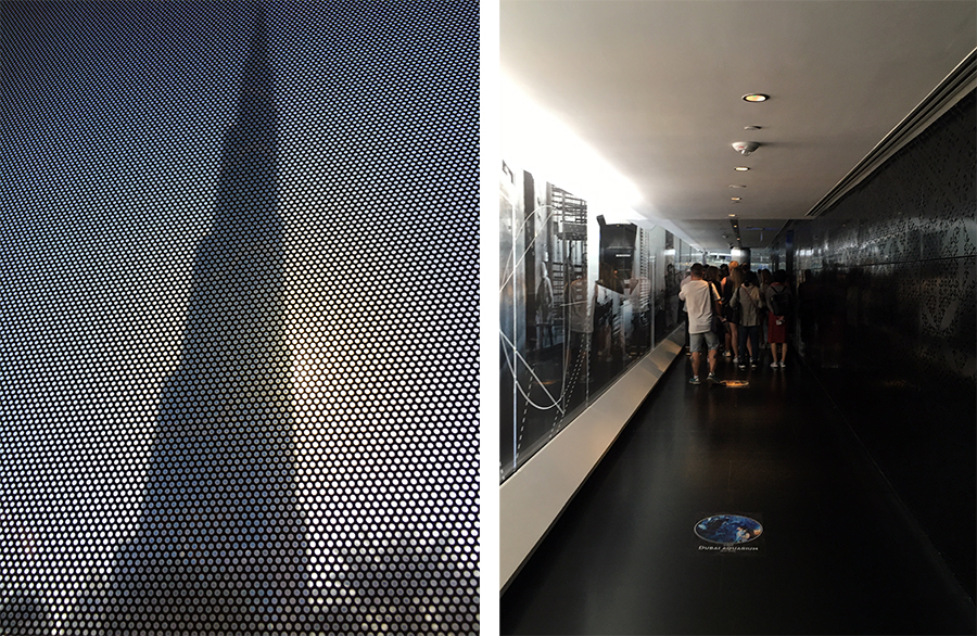 Links: Ein erster Blick auf das Burj Khalifa aus dem Busfenster. Rechts: Anstehen, anstehen, anstehen auf dem Weg nach oben.