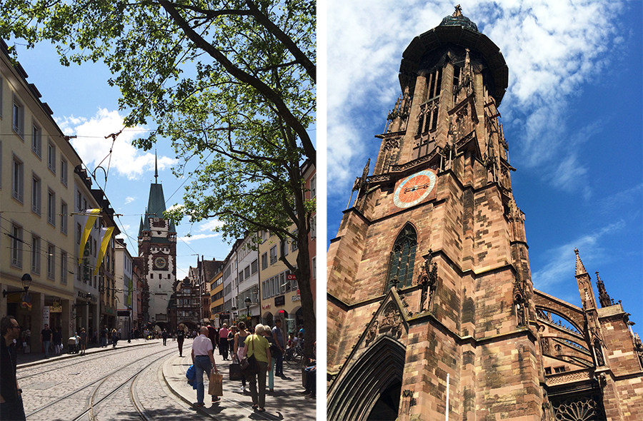 Links das Martinstor, rechts das Freiburger Münster.