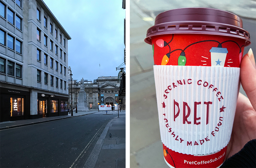 An jeder Ecke in London gibt es einen Pret-A-Manger - und den Coffee to go hier in weihnachtlichem Look.