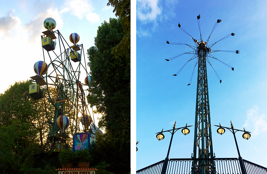 Pure Nostalgie: Gerade einmal sechs Wagen, oder besser Gondeln mit Ballons, umfasst das Riesenrad. Und dann wird es schon nervenaufreibender: Daneben der 'Star Flyer' - ein Kettenkarussell in 80m Höhe!