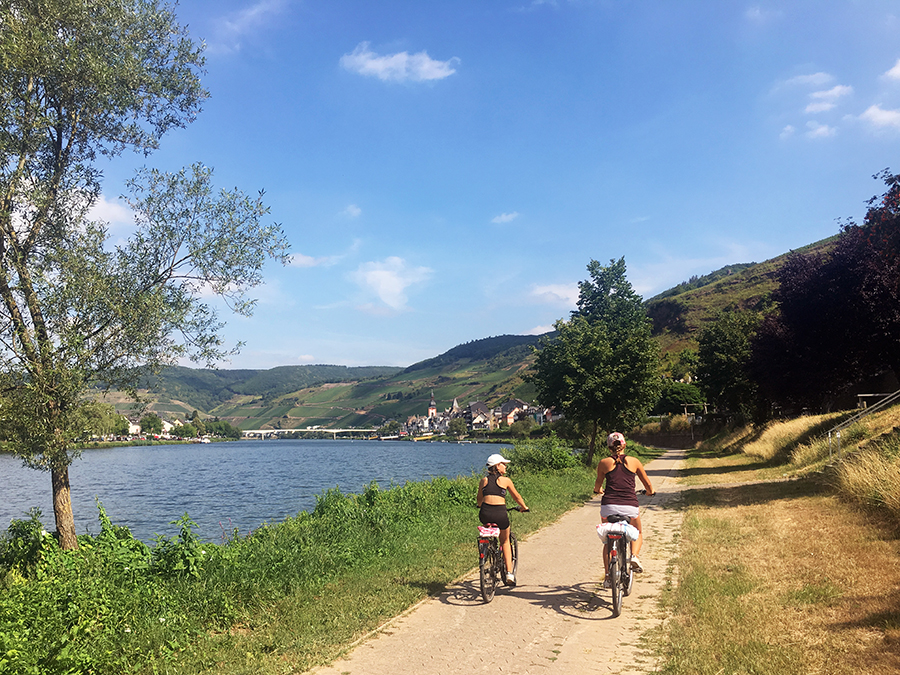 Mit den Fahrrädern immer an der Mosel entlang auf dem Moselradweg.