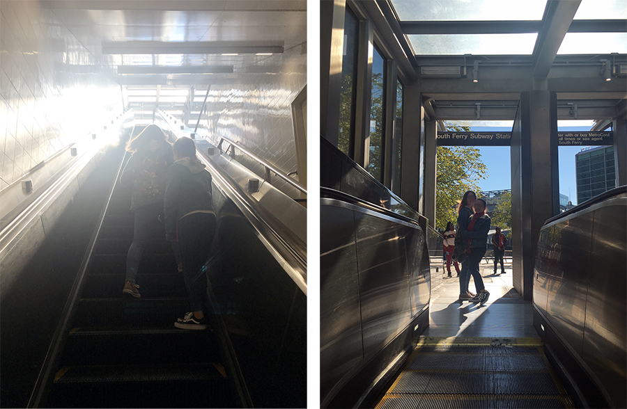 Die Whitehall South Ferry Station ist eine der tiefsten Subway-Stationen von New York City. Es dauert eine ganze Weile, bis wir wieder oben stehen.