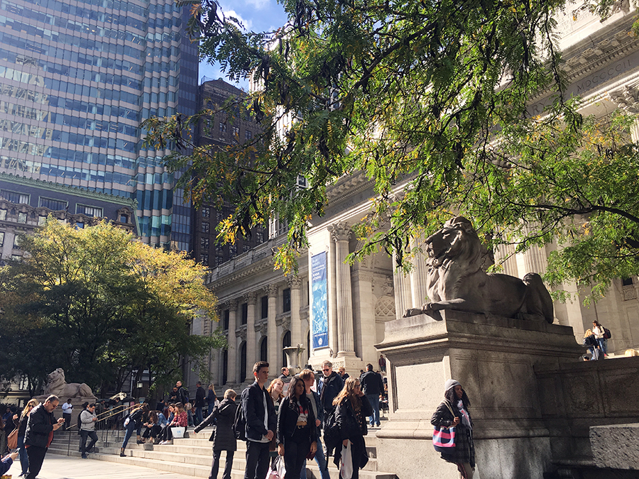 Die beiden steinernen Löwen auf den Stufen zur New York Public Library, von der 5th Avenue aus gesehen.