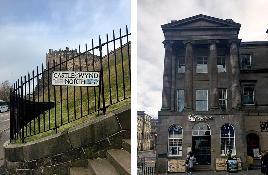 Links: mein Weg die Treppe hoch zur Royal Mile und rechts: Ankunft am Rabbie's Cafe zu Bagels und Kaffee, yeah!