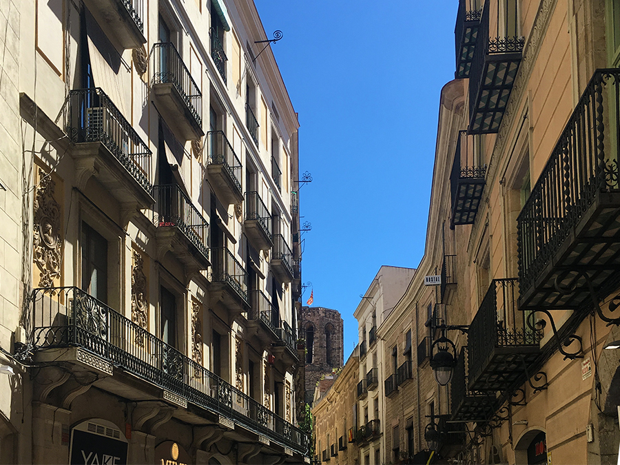 Typische Häuserfront im alten, gotischen Viertel Barcelonas.