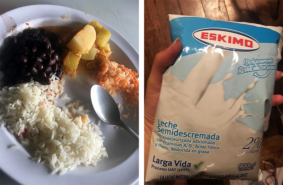 Links: Essen in der Mensa, Reis und Bohnen sind immer dabei. Rechts: Skurril - Milch kann man im Supermarkt in Nachfüllpacks kaufen.
