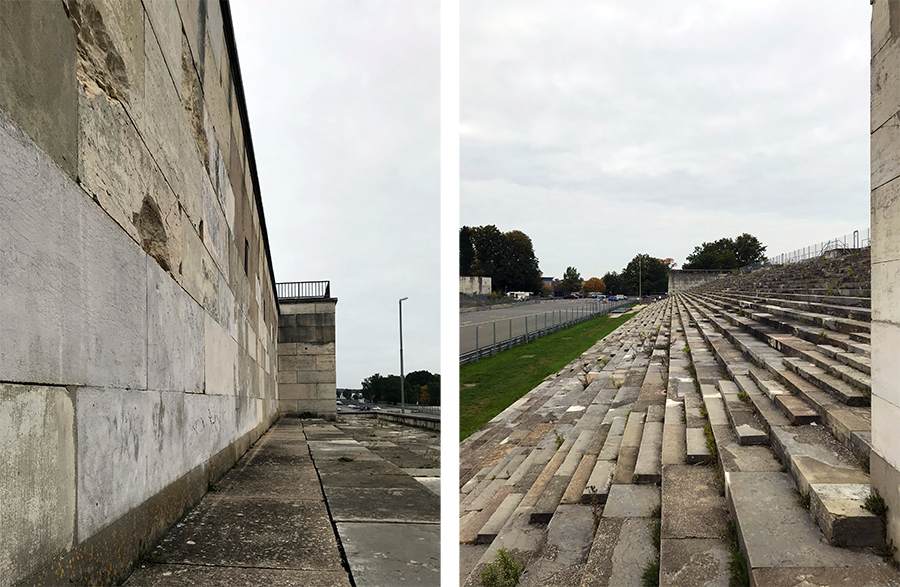 Hier links seht ihr das Rednerpult, von dem aus Hitler zu den Menschenmassen auf den Tribünen und auf dem Gelände sprach.