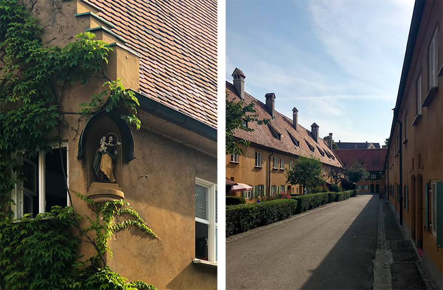 Schöne Details gibt es überall an den Häusern der Fuggerei zu entdecken, und die in der Hinteren Gasse haben sogar kleine Vorgärten.