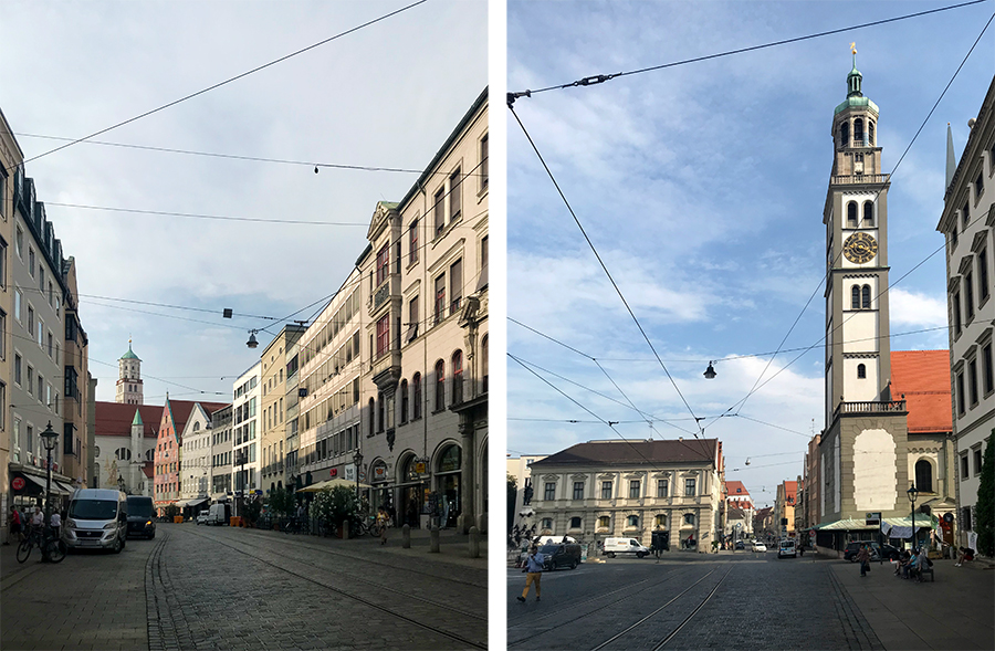 Links vom Rathaus weg führt eine Einkaufszeile, rechts entlang blickt man auf den Perlachturm, den man auch besichtigen kann.