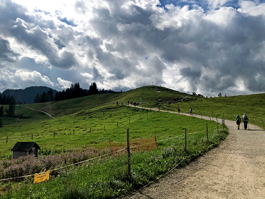 Wanderer unterwegs zum Gipfelkreuz auf dem Hündle.