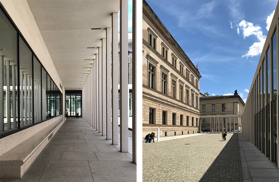 Ein- und Ausgang des Pergamon-Museums und Blick zurück in den Innenhof und zum Säulengang, wo wir hergekommen sind.