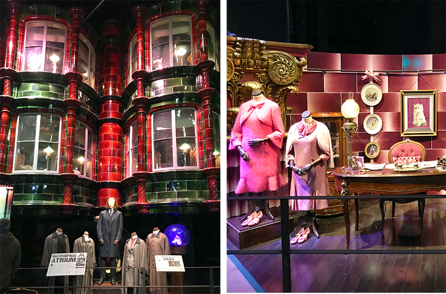 Das Zaubereiministerium, in das sich Harry, Hermine und Ron in Verkleidung einschleusen, und das durch und durch pinkfarbene Büro der zuckersüss-bösartigen Dolores Umbridge.
